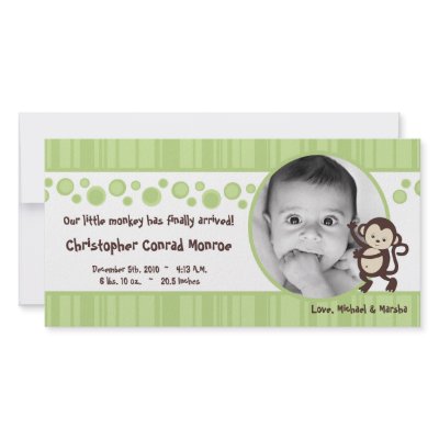 4x8 Green Pop Monkey Neut Photo Birth Announcement Photo Card Template by AnnLeeDesigns
