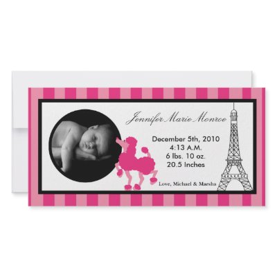 4x8 Pink Poodle Paris Eiffel Birth Announcement Customized Photo Card by AnnLeeDesigns