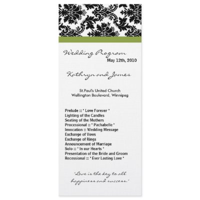 4x9 Wedding Program - Black Damask and Green Custom Invitations by AnnLeeDesigns