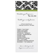 4x9 Wedding Program - Black Damask and Green Invitation