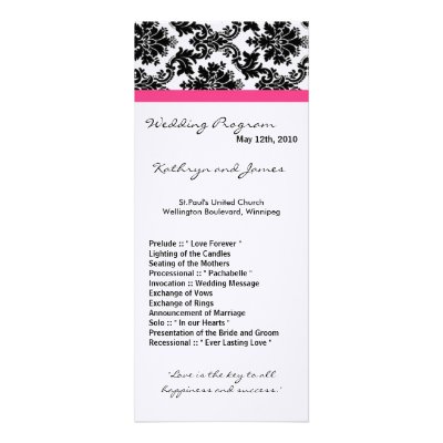 4x9 Wedding Program - Black Damask and Hot Pink Invitations