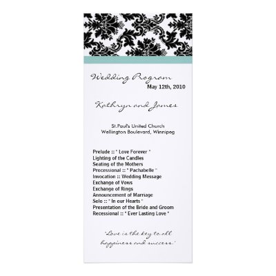 4x9 Wedding Program - Black Damask Tiffany Blue Personalized Invites