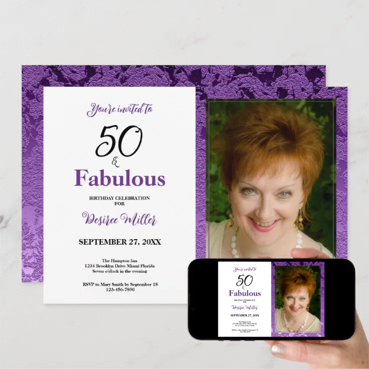 50 And Fabulous Purple Floral Birthday Invitation Zazzle