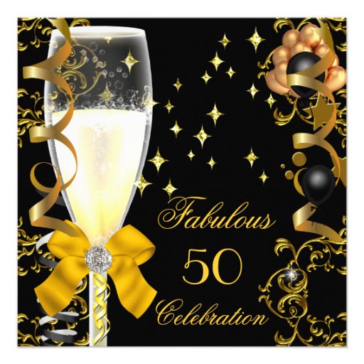 50 Birthday Party Fabulous Champagne Gold Black Invitations