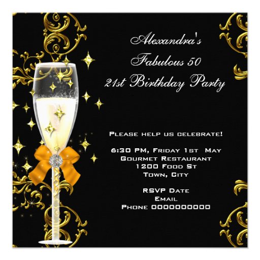50 Birthday Party Fabulous Champagne Gold Black Invitations