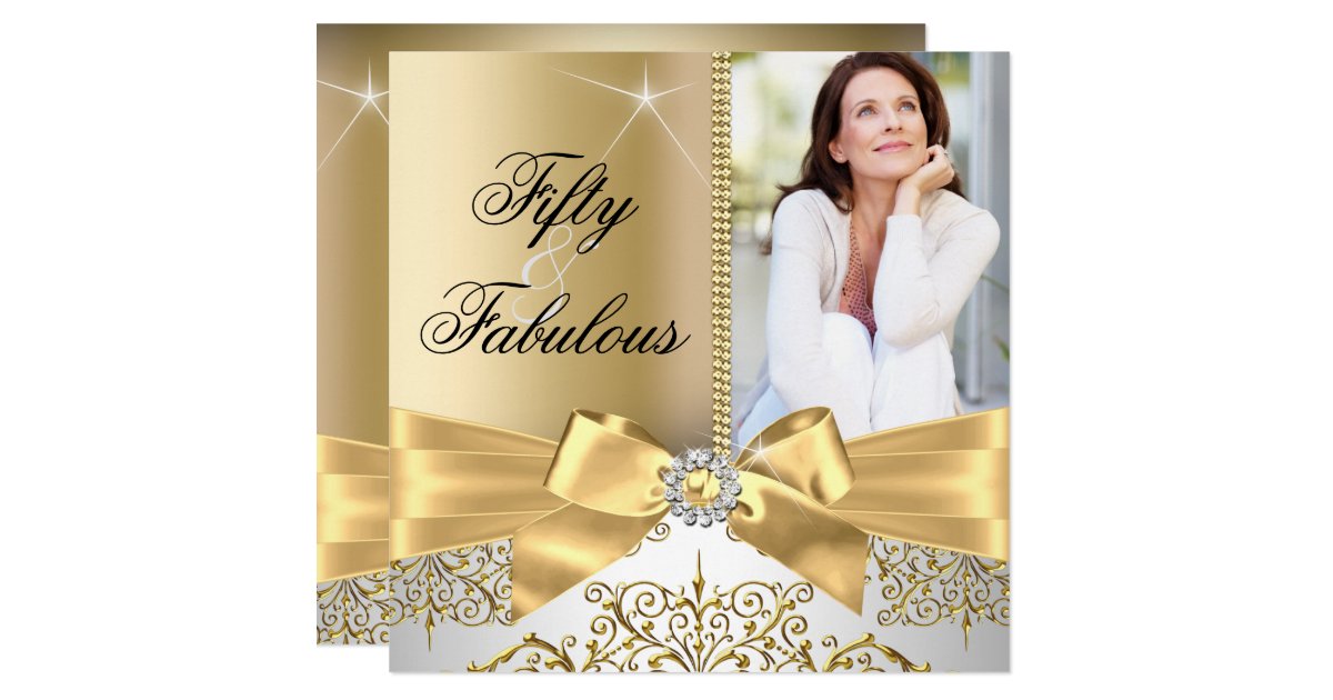 50 & Fabulous Photo Gold Silver Bow 50th Birthday Card Zazzle