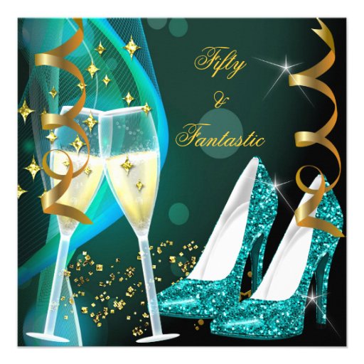 50 & Fantastic Fabulous Gold Teal Glitter Shoes Invites