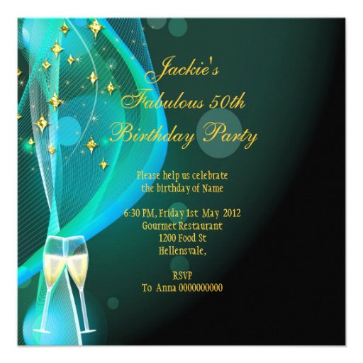 50 & Fantastic Fabulous Gold Teal Glitter Shoes Invites