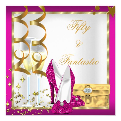 50 & Fantastic Hot Pink White Gold Birthday Party Invitations