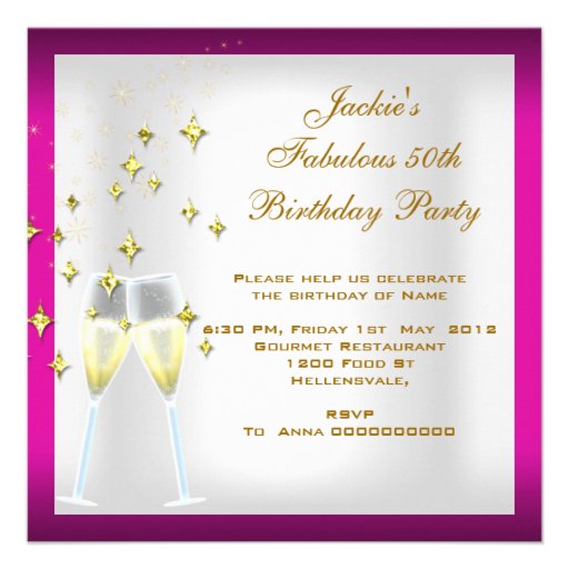 50 & Fantastic Hot Pink White Gold Birthday Party Invitations