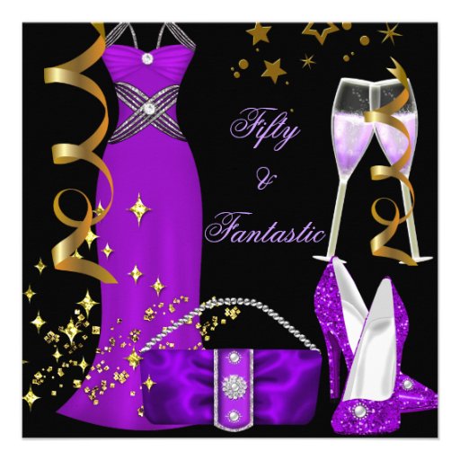 50 & Fantastic Purple Dress Black Gold Birthday Custom Announcements