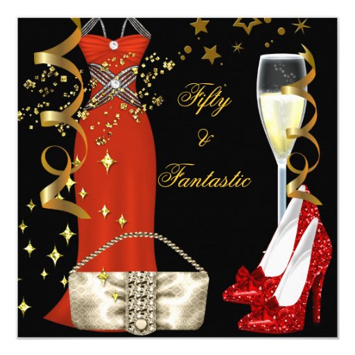 50 Fantastic Red Dress Black Gold Birthday Party Card | Zazzle