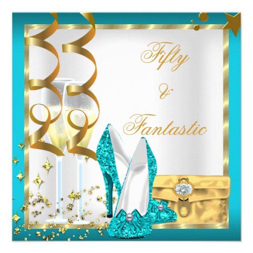 50 & Fantastic Teal White Gold Birthday Party Personalized Invite