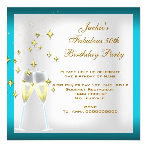 50 & Fantastic Teal White Gold Birthday Party Personalized Invite