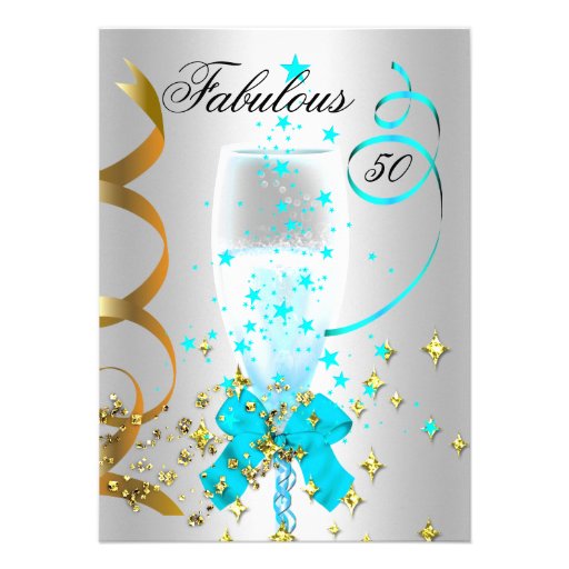 50 Teal Silver Gold Birthday Party Custom Invites