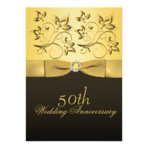 50th Anniversary Gold and Black Floral Jewelled Personalized Invitations