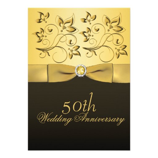 50th Anniversary Gold and Black Floral Jewelled Personalized Invitations