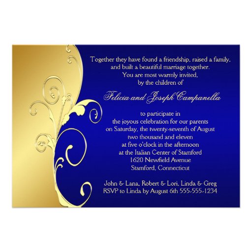 50th Anniversary Gold Scrolls with Navy Personalized Invitations