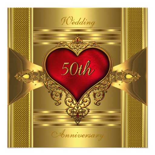 50th Anniversary Ornate Red Jewelled Heart Gold 2 Personalized Announcements