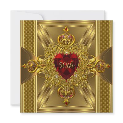 50th Anniversary Ornate Red Jewelled Heart Gold Custom Invitations by Zizzago