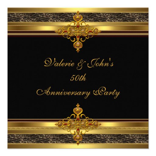 50th Anniversary Party Golden Gold Jewel Black Personalized Invitation (front side)