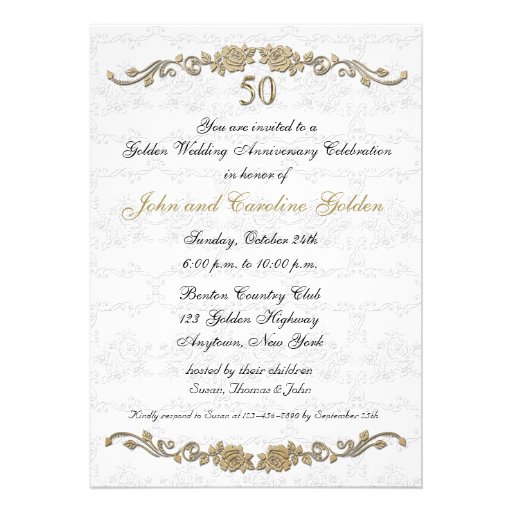 50th Anniversary Rose Border White Invitation