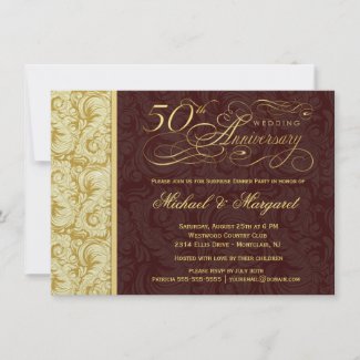 50th Anniversary Surprise Party - Gold Damask Personalized Announcement