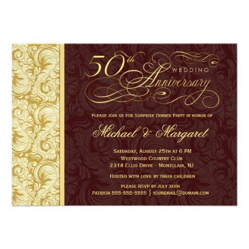 50th Anniversary Surprise Party - Gold Damask Personalized Announcement