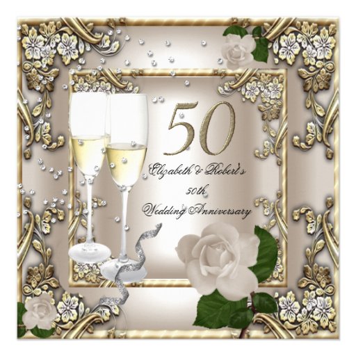 50th Anniversary Wedding  Cream Gold Rose Silver Invite