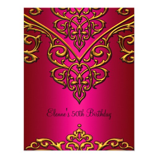 50th Birthday Gold Overlay on Rich Pink Personalized Announcements