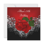 50th Birthday Lace Black Silver Deep RED Rose Personalized Invites