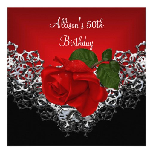 50th Birthday Lace Black Silver Deep RED Rose Personalized Invites
