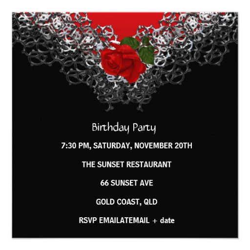 50th Birthday Lace Black Silver Deep RED Rose Personalized Invites