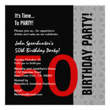 50th Birthday Modern Red Silver Black Funny D845 Invitation