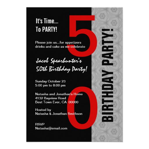 50th Birthday Part Modern Red Silver Black W1792 Personalized Invitations