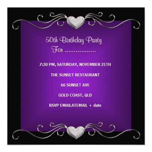 50th Birthday Party Black Bright Deep Purple Big Personalized Invitations