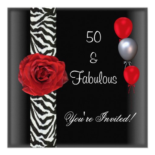 50th Birthday Party Black White Red Rose Zebra Personalized Announcement