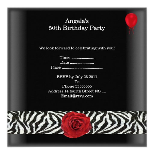 50th Birthday Party Black White Red Rose Zebra Personalized Announcement