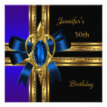 50th Birthday Party Blue Gold Heart Jewel Personalized Announcements