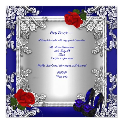 50th Birthday Party Blue Red Rose Silver Announcements