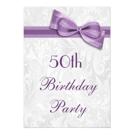50th Birthday Party Damask and Faux Bow Card