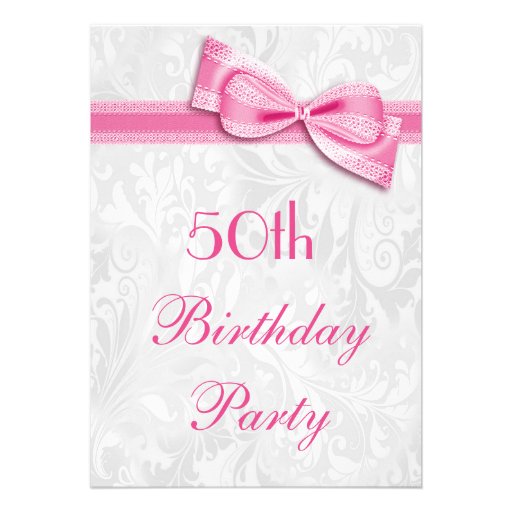 50th Birthday Party Damask and Pink Faux Bow Personalized Announcements