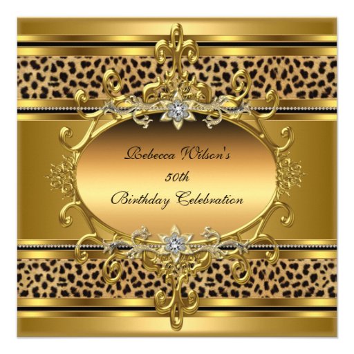 50th Birthday Party Elegant Gold Black Leopard 4 Custom Announcement