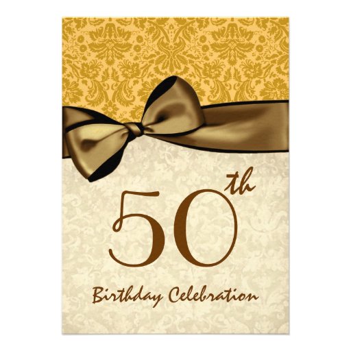 50th Birthday Party GOLD Damask Bow Template W844 Custom Invite