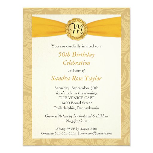 50th Birthday Party - Gold Damask with Monogram Invite