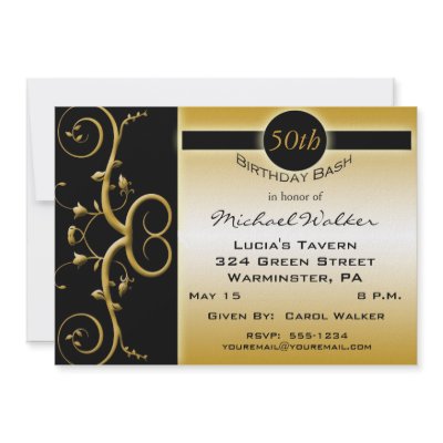 50th Birthday Party in Elegant Black and Gold Invitations by NightSweatsDiva