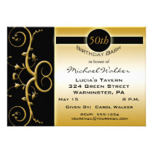 50th Birthday Party in Elegant Black and Gold Invitations