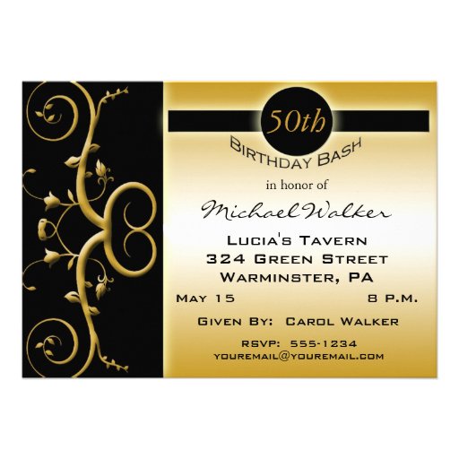 50th Birthday Party in Elegant Black and Gold Invitations