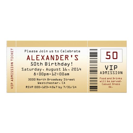 50th Birthday Party Invitation Goldtone Ticket (front side)