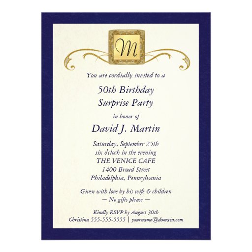 50th Birthday Party - Masculine Monogram - Blue Custom Invitation
